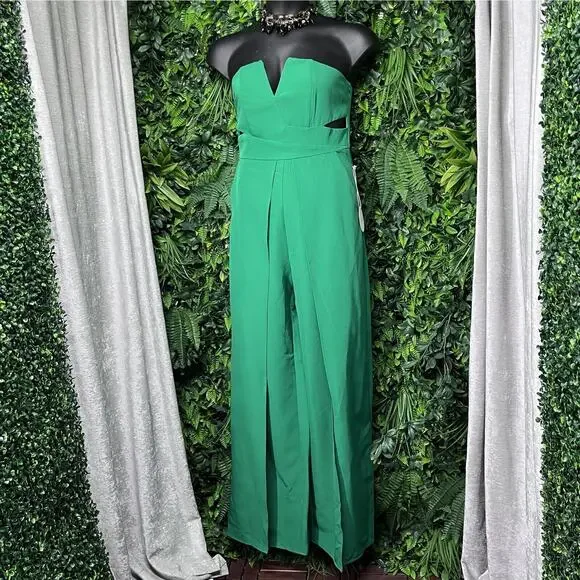 LUXXEL Jumpsuit Women Large Green Pants Pleated Strapless Split Leg Cut Out 2345 - Picture 1 of 10